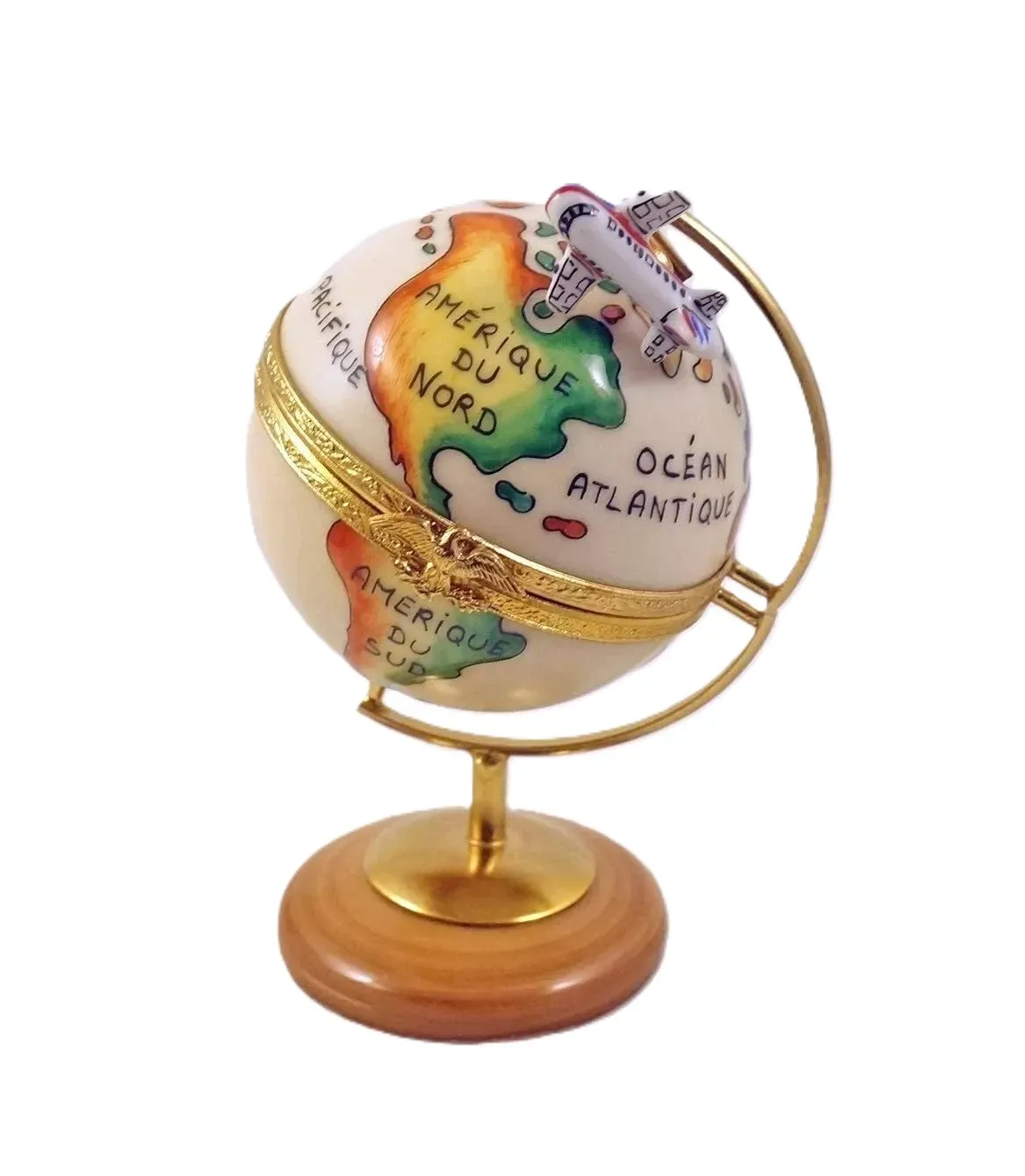 Hand-painted Limoges porcelain box shaped like a globe, on a brass stand